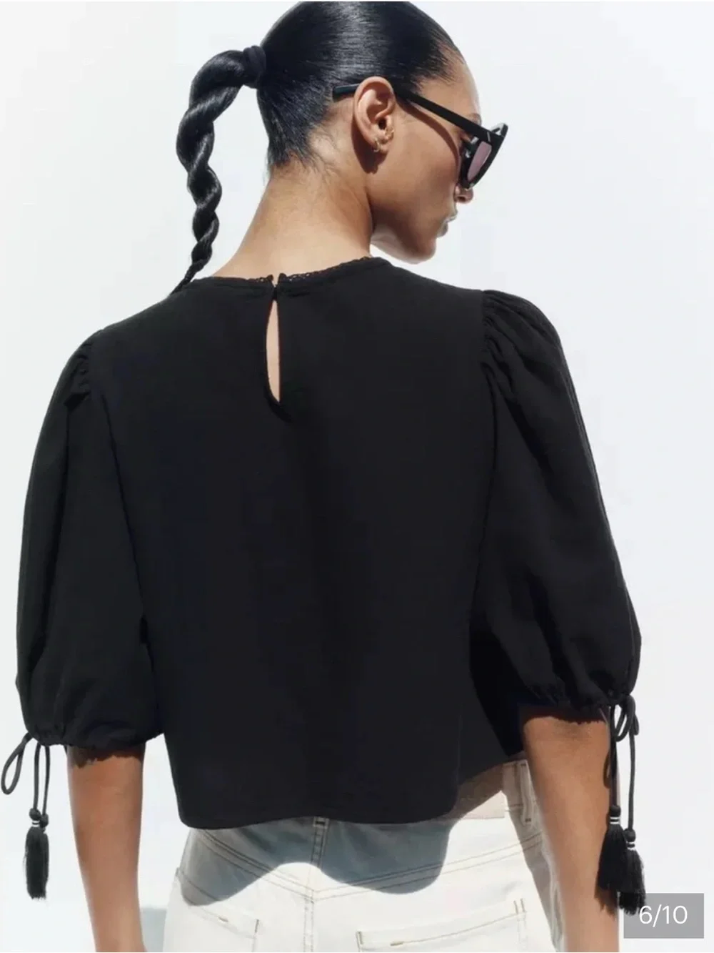 Zara Black Puff-Sleeve Top with White Floral Embroidery